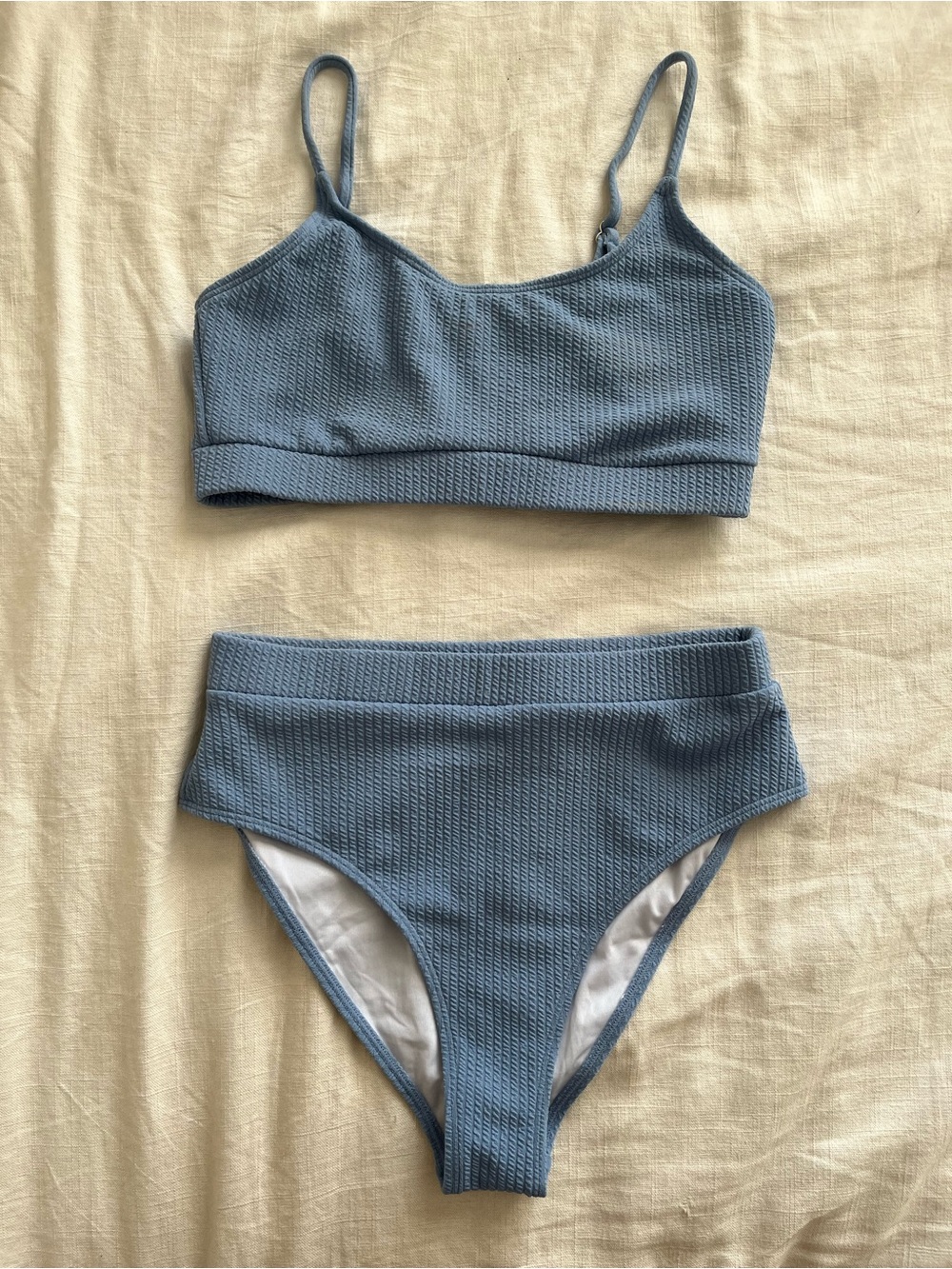 High Waisted Tummy Control Blue Ribbed Bikini Swimsuit Set - Picture 7 of 8
